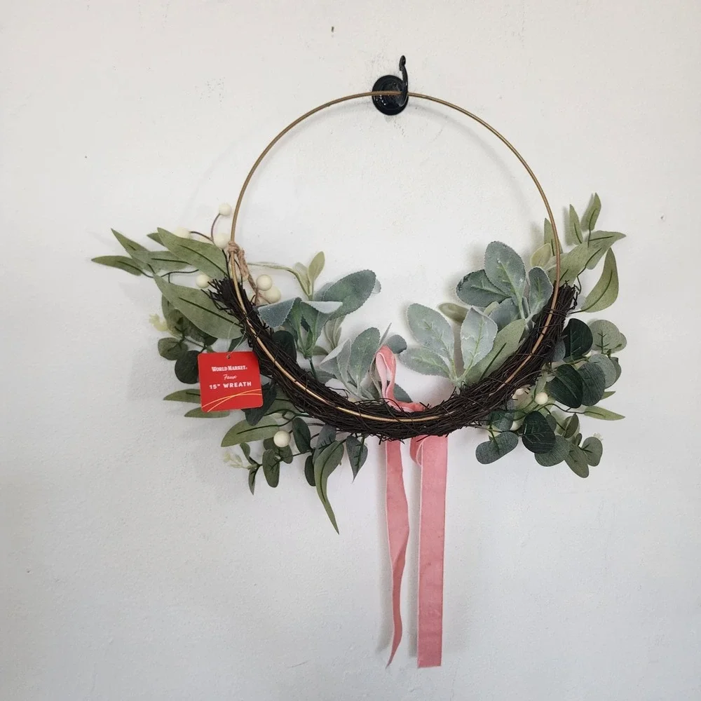 NWT World Market Assymetrical Wreath Wire Pink Bow 15